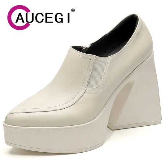 Aucegi New Spring Autumn Women Genuine Leather Pumps Classic Style Pointed Toe Platform Chunky Heel Retro Zipper Handmade Shoes