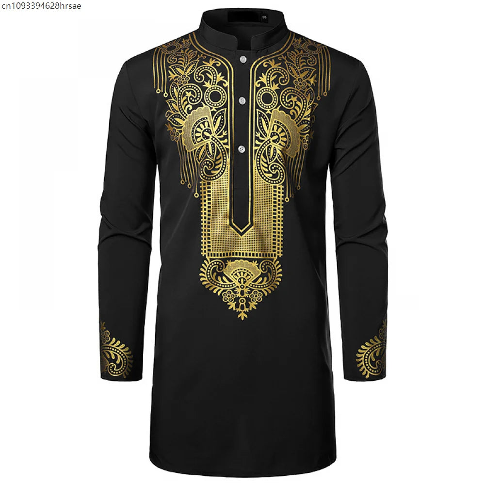 Men's Traditional African Shirt Print Golden Flowers Long Sleeve Shirt Ethnic Casual Outfits Wedding African Streetwear