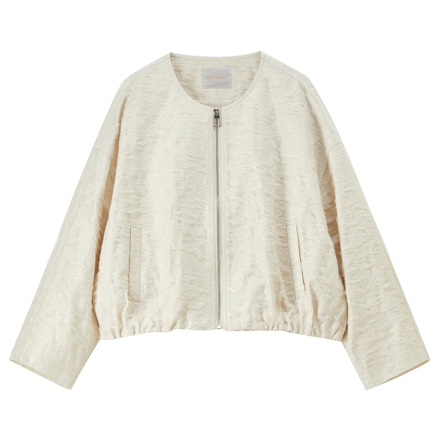 SENTUBILA Women's Loose Cropped Jacket 2026 Spring New Minimalist Round Neck 3D Embossed Jacquard Textured Zipper Coat 161WB6323