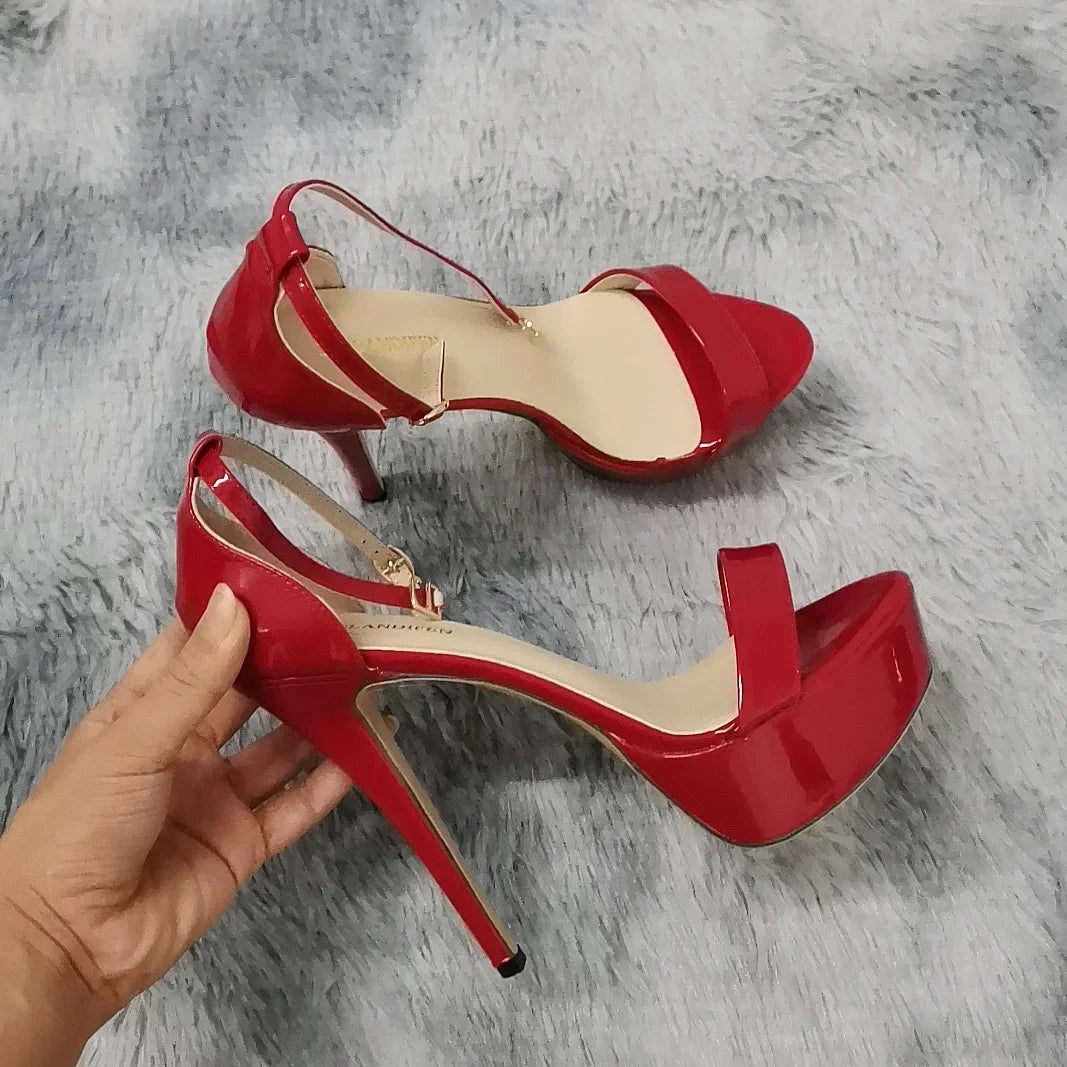 New Women Sandals Sexy 14cm Supper Flash High Heels Patent Leather Open Toes Platform Sandal Nighclub Party Red Wedding Shoes