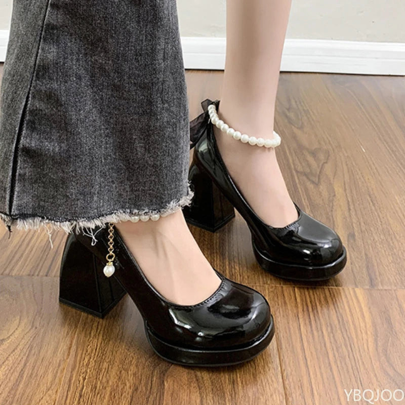 Ladies' elegant high heels Chunky Platform High Heels Women Leather Ankle Buckle Mary Jane Shoes Woman Pearl Pumps Zapatos Mujer