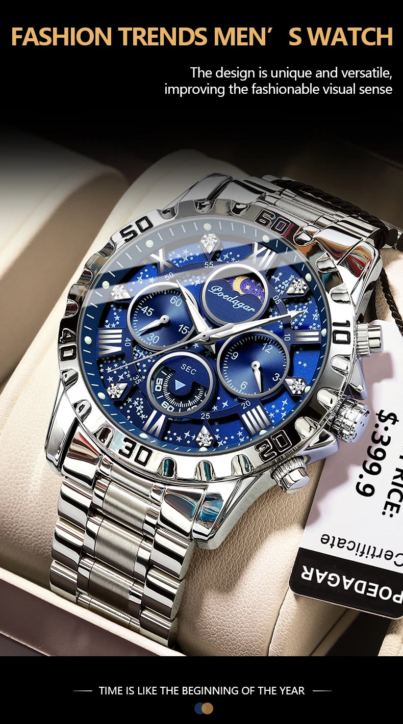 POEDAGAR Trendy Men Watch Chronograph Waterproof Luminous Stainless Steel Man Wristwatch Luxury Business Quartz Watches For Men