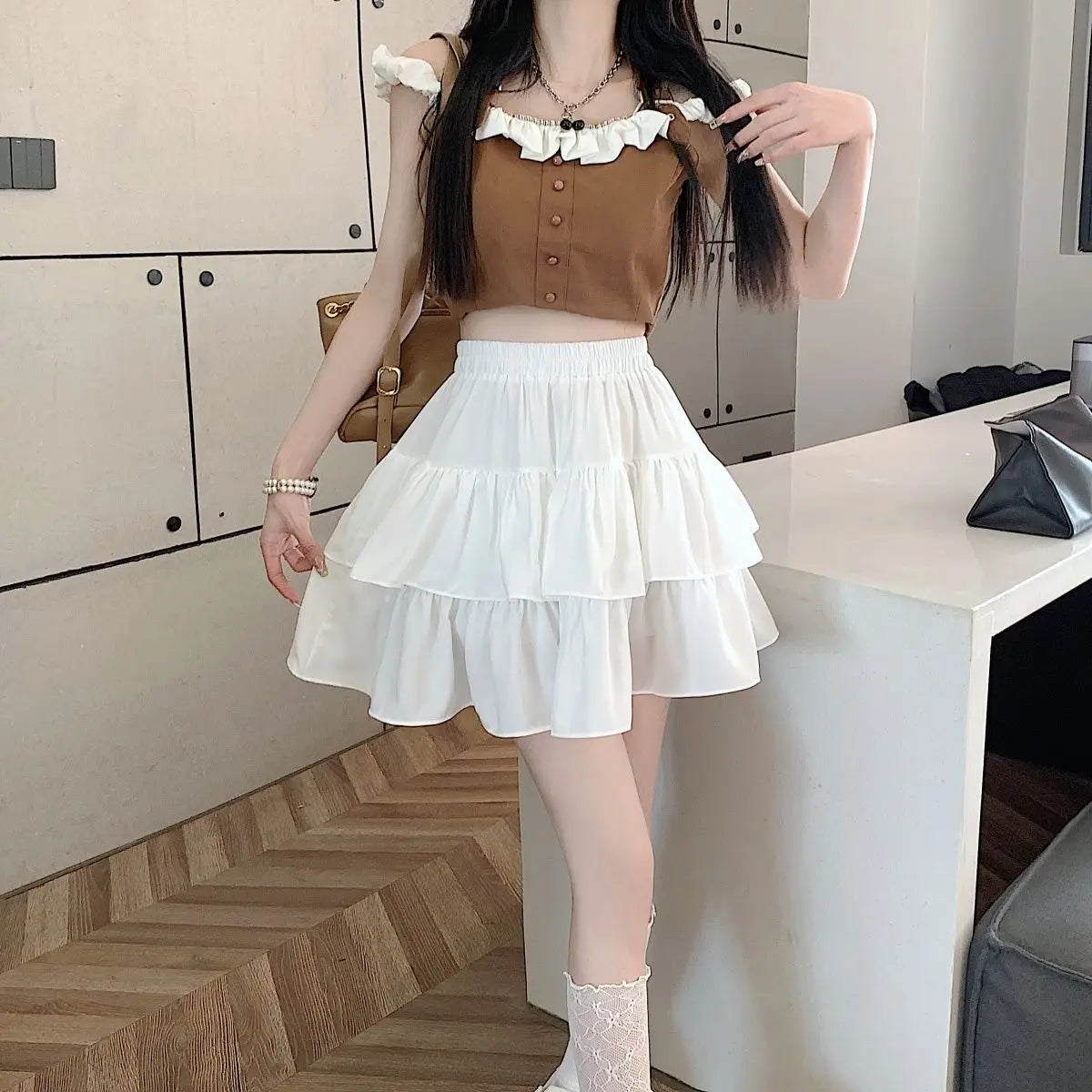 Ruffled Cake Skirts for Women High-waisted A-line Solid All-match Sweet Lovely Girls Korean Style Gentle Spring Kawaii Casual