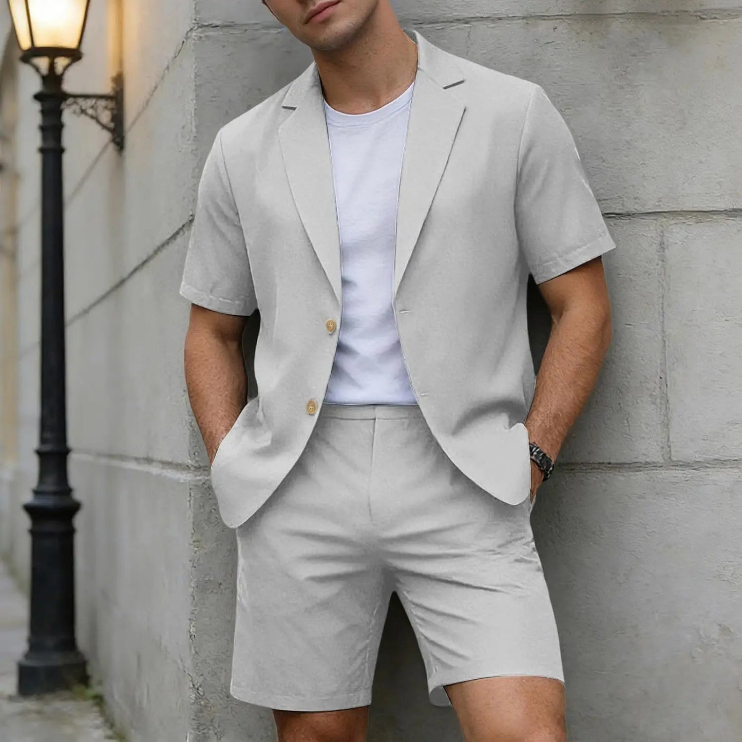 Suits for Men Short Sleeve Blazer Jacket Shorts Set Lightweight Wedding Party Business Casual Formal Outfits