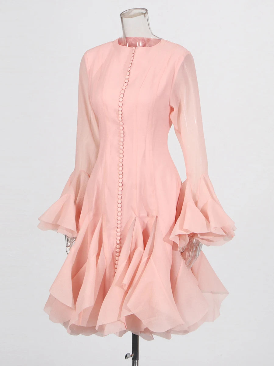 TWOTWINSTYLE Solid Long Dresses For Women Round Neck Flare Sleeve High Waist Slim A Line Spliced Ruffles Dress Female Fashion