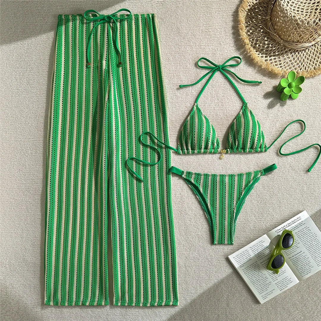 With Pants Striped Halter Bikini Female Swimsuit Women Swimwear Three-pieces Bikini set Brazilian Bather Bathing Suit Swim SW773