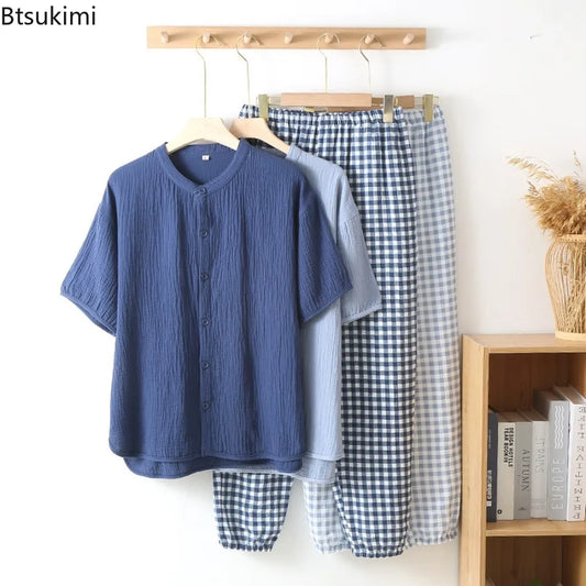 2026 Men's Spring Summer Casual Pajama Sets 100% Cotton Thin Style Solid Tops and Plaid Pants Sets for Men Home Service Suit New