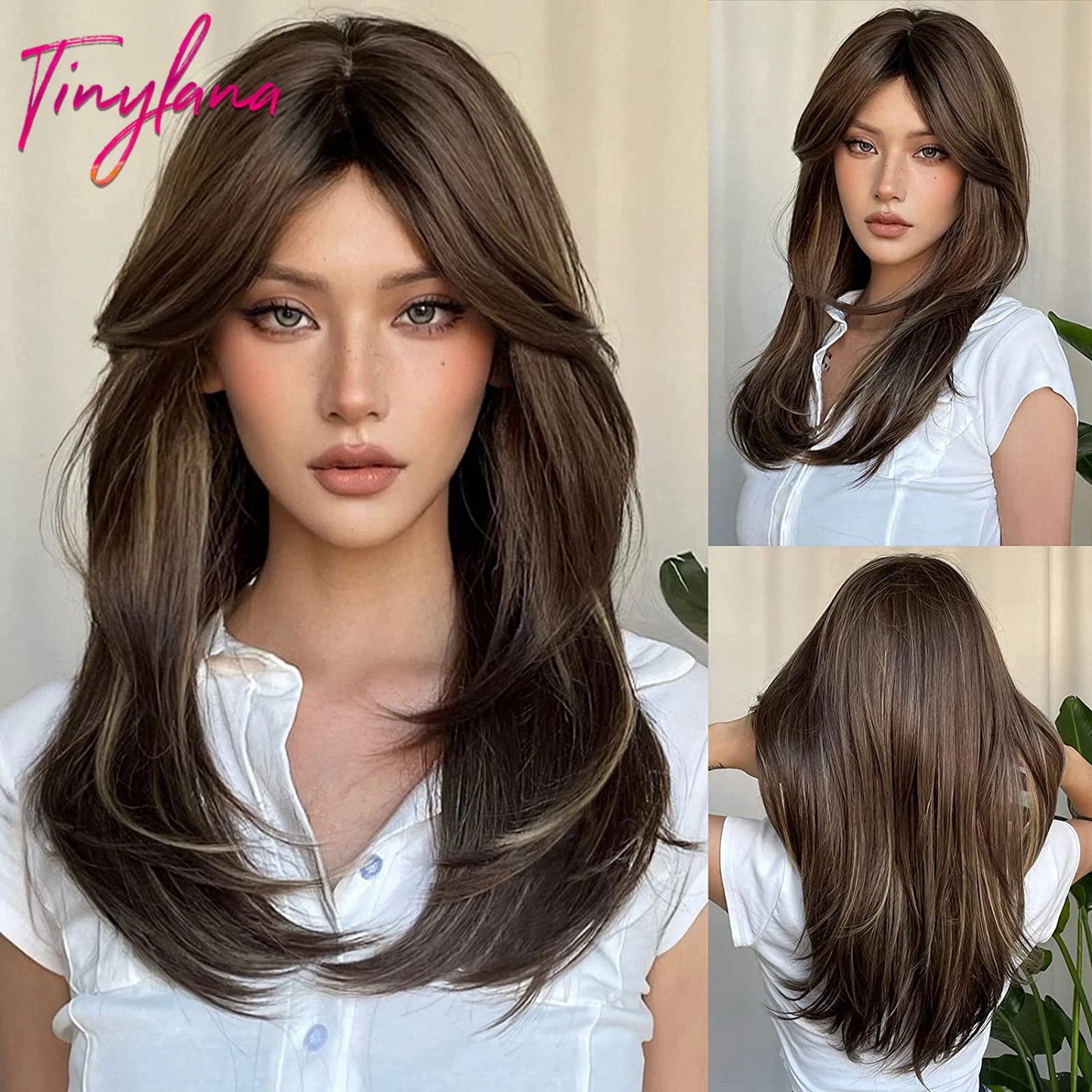Dark Brown Black Synthetic Wigs Long Straight Layered Wig with Bangs Cosplay Party for Women Afro Natural Heat Resistant Hair