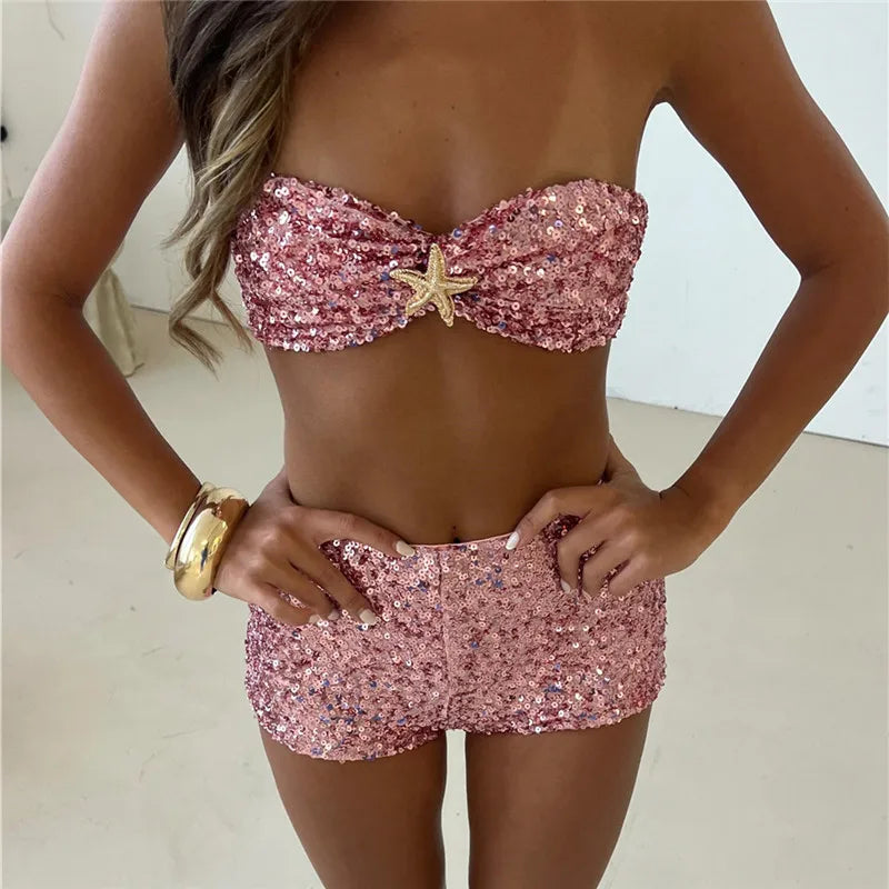 Women Sequin Two Piece Outfit Halter Crop Top And Split Mini Skirt Club Wear