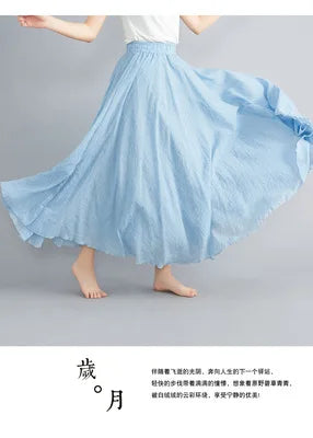 New 2020 Women Linen Cotton Long Elastic Waist Pleated Maxi Skirt Beach Vintage