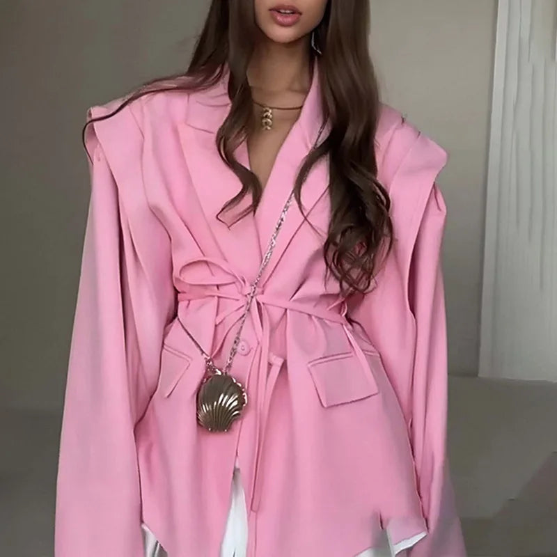 Women's Suit Dress 2025 Spring Autumn High End Blazer Elegant Office Style Waist Tied With Shoulder Pads Fitted Outerwear