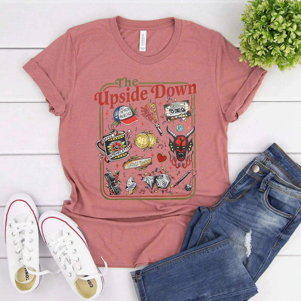 The Upside Down T-shirt Funny Women Men Hawkins Clipart Graphic Tee Stranger ST5 Inspired Demogorgon Shirts Trendy Gothic Tops