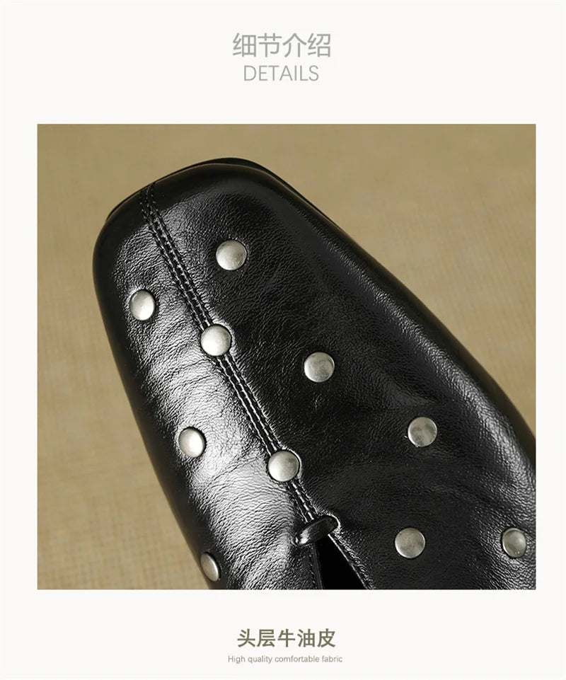 Dilalula 2025 Spring Genuine Leather Rivet Pumps Women Lace Up Low Thick Heels Soft Back Young Women Leather Leisure Pumps