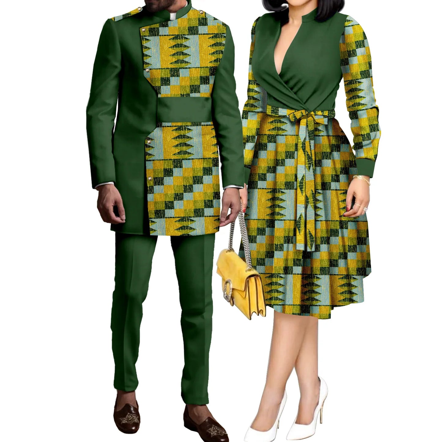 SEA&ALP African Kente Prints Couple Clothes for Wedding Dashiki African Men Long Sleeved Pants Set Matching Women Dresses