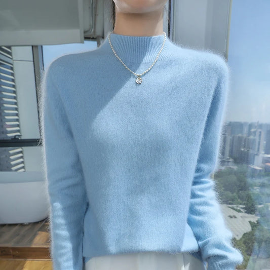2024 Autumn And Winter New Women's Semi High Neck New Fashion Mink Sweater Long Sleeved Loose Sweater Slimming Knit Sweater Base