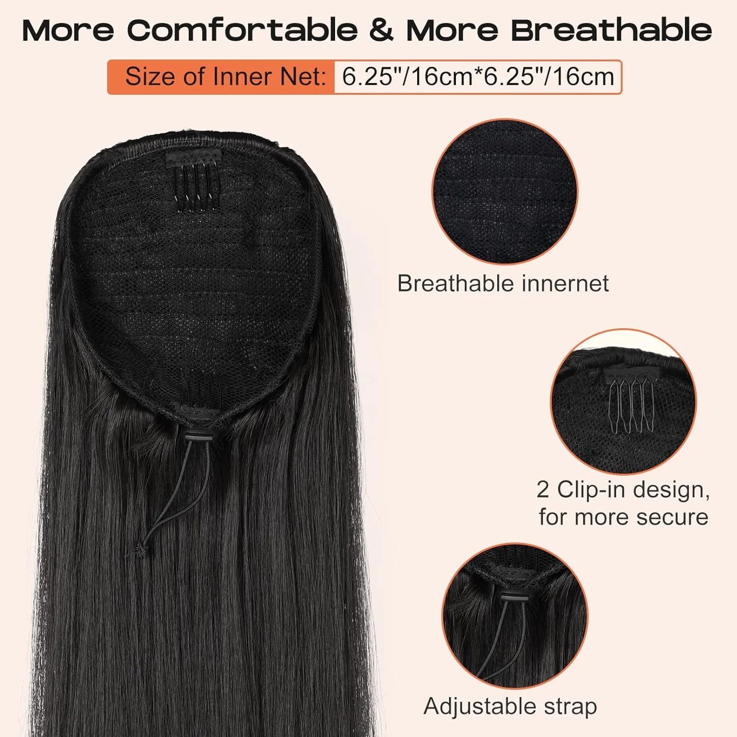 Long Straight Ponytail Extension Clip in,14/15/16 Inch Wrap Around Ponytail Heat Resistant Synthetic Pony Tail Hair