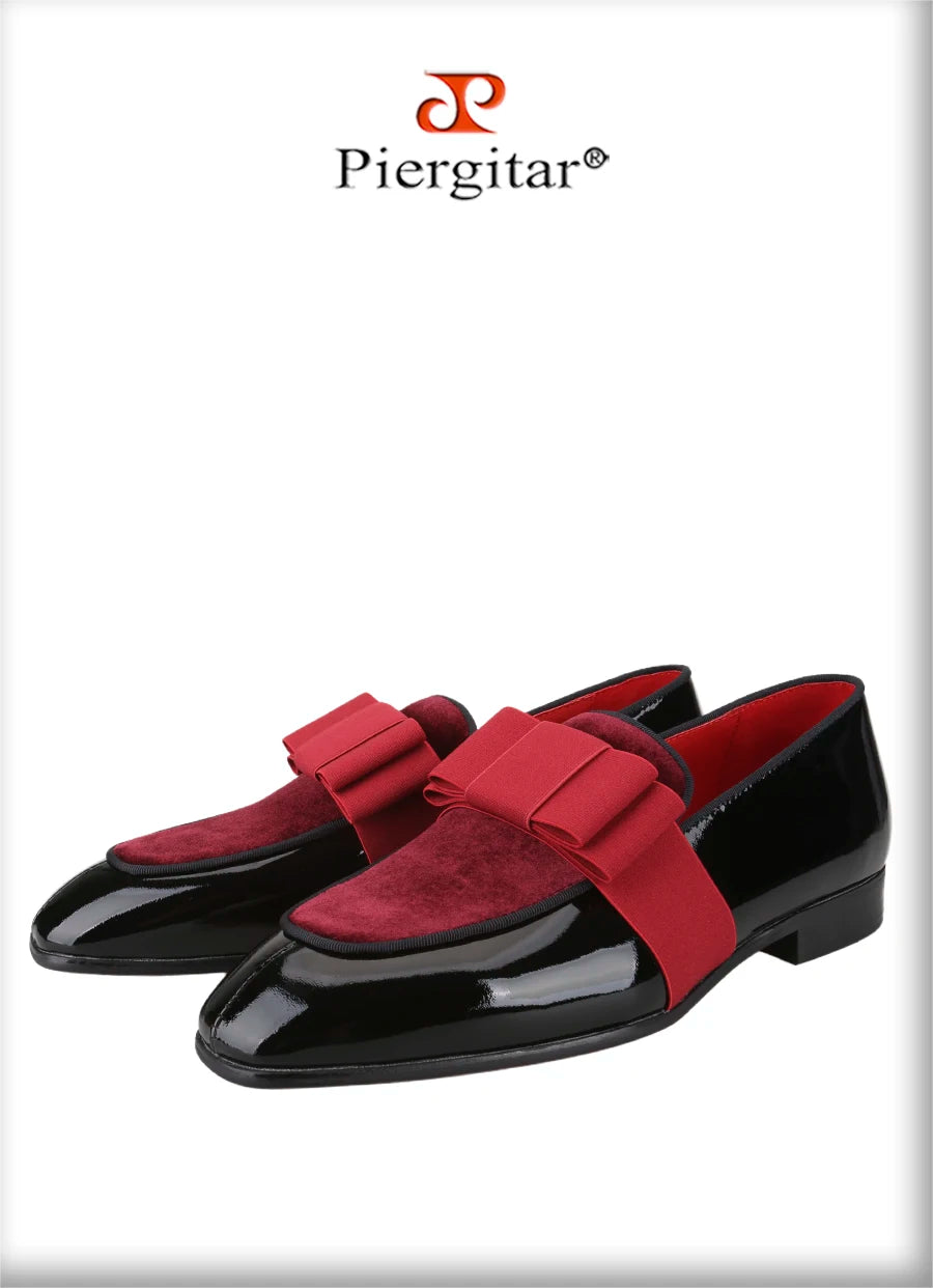 Black Patent Calfskin And Velvet Hand Stitching Men’s Dress Shoe With Grosgrain Ribbon Bow Adorns CL Brand Couture Loafer