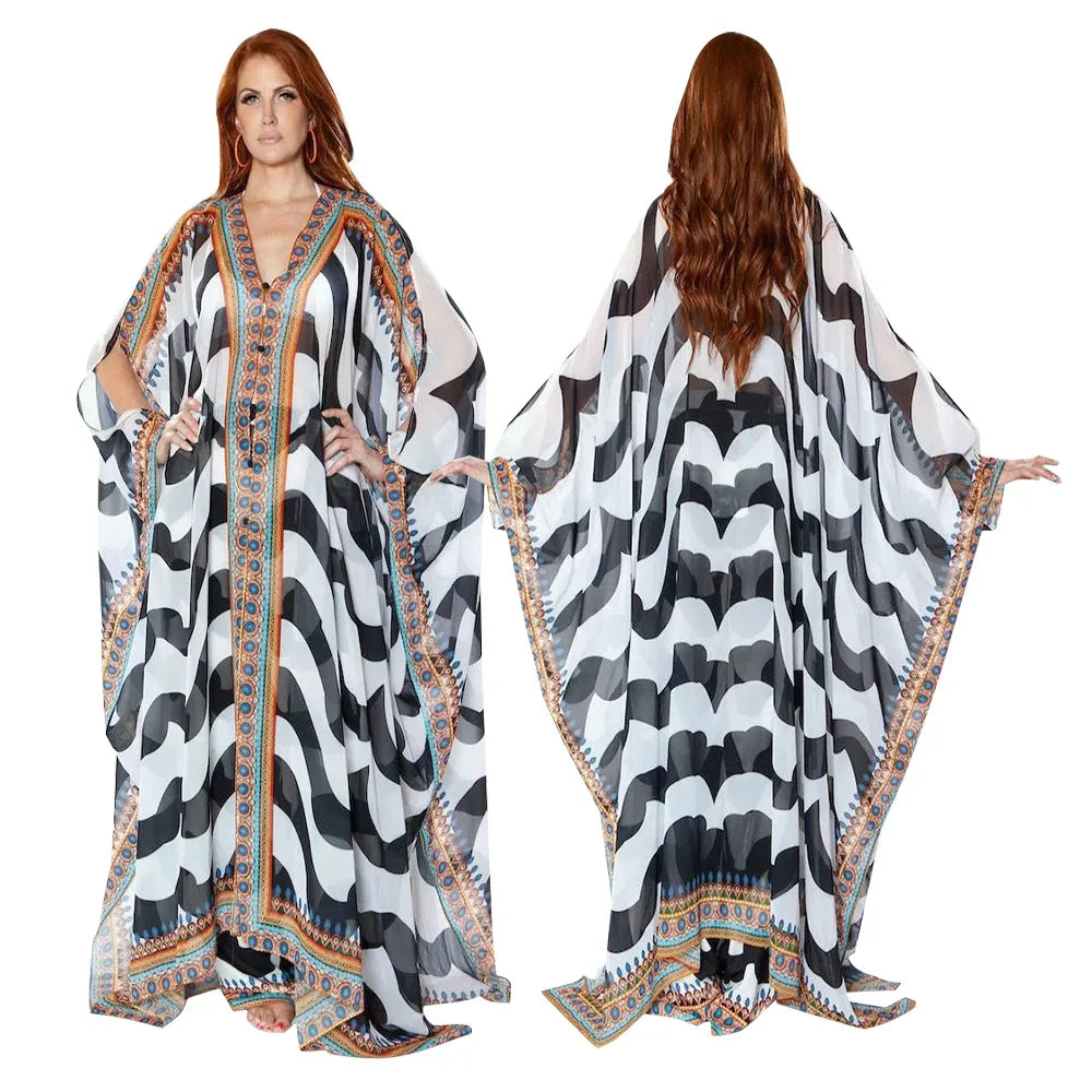 African Dresses for Women See-Through Chiffon Sexy V-neck Bohemian Printing Maxi Dresses Africa Kimono Bikini Holiday Beachwear