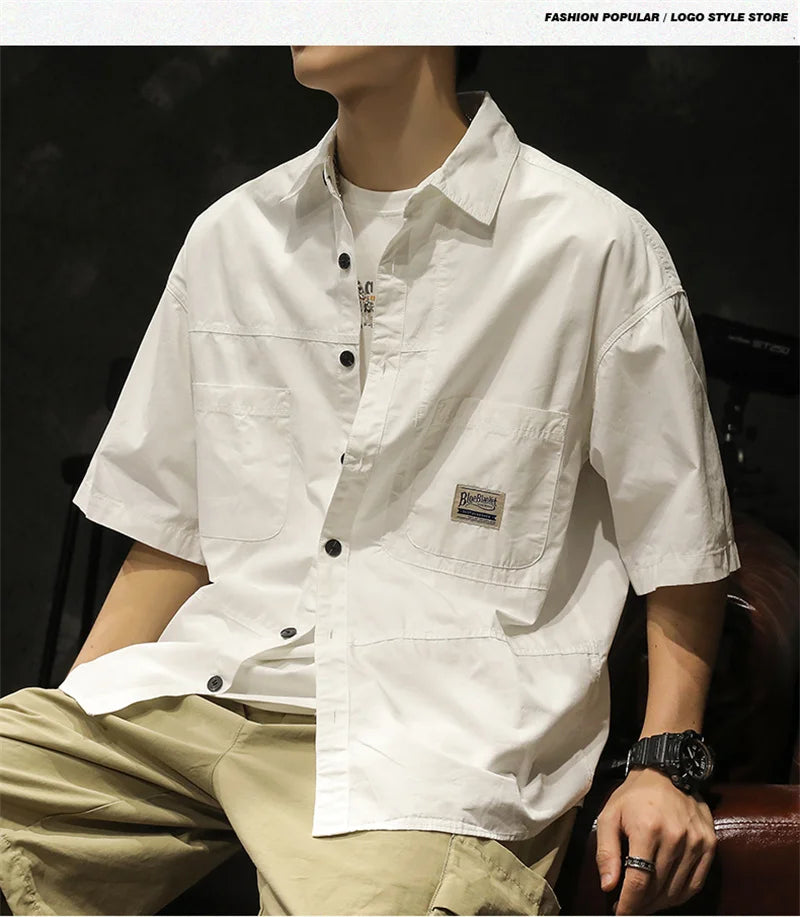 American Casual Short Sleeve Shirt For Men Summer Fashion Comfortable T-shirt 2026 New High Street Plain Lapel blouses hombre