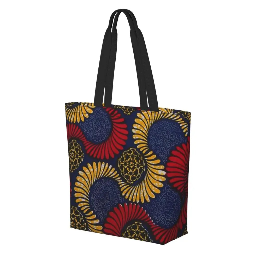 African Ankara Prints Grocery Shopping Tote Bags Women Geometric Ethnic Art Canvas Shoulder Shopper Bags Big Capacity Handbag