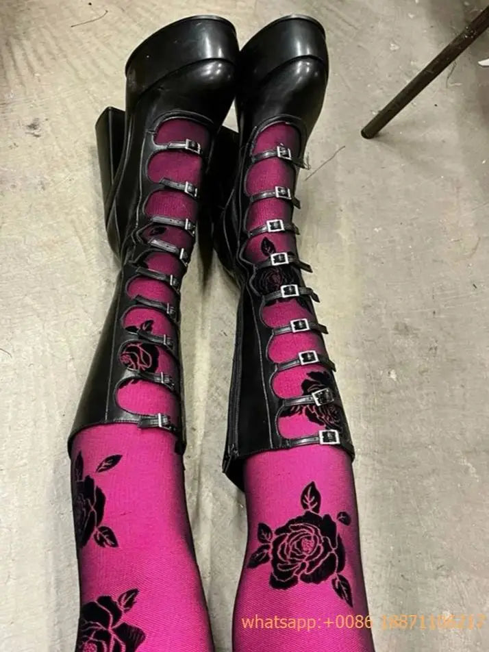 Patent Leather Belt Buckle Sexy Boots Platform Party Zip Summer Fashion Women Lolita Boot Hollow Street Punk Thick High Heels