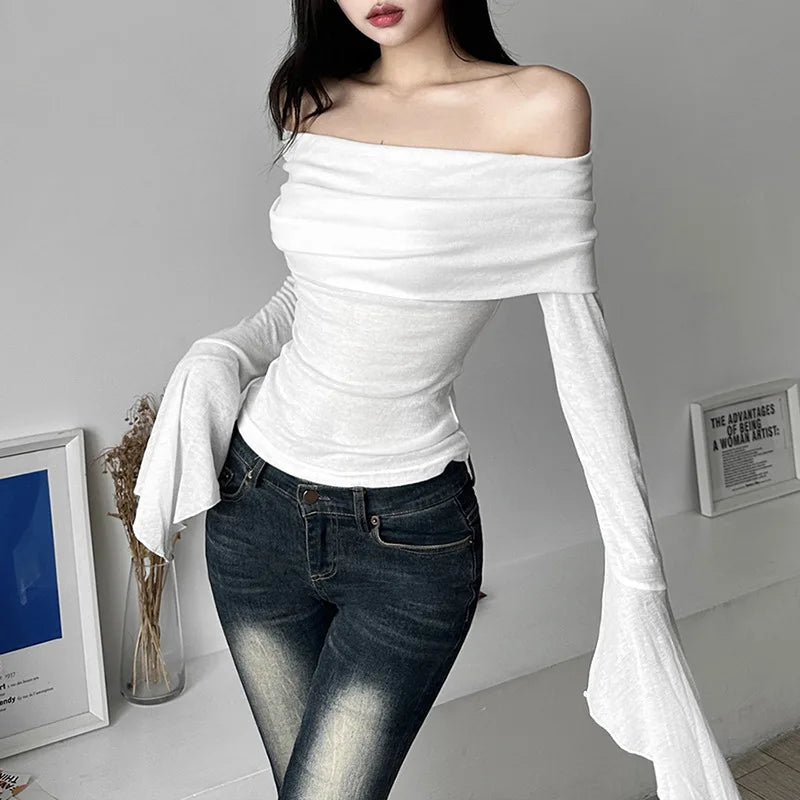 Y2k Aesthetic Women Translucence Tee Shirts Slash Neck Long Sleeve Solid Casual T-Shirts Vintage Off Shoulder Sexy Cute Tshirts