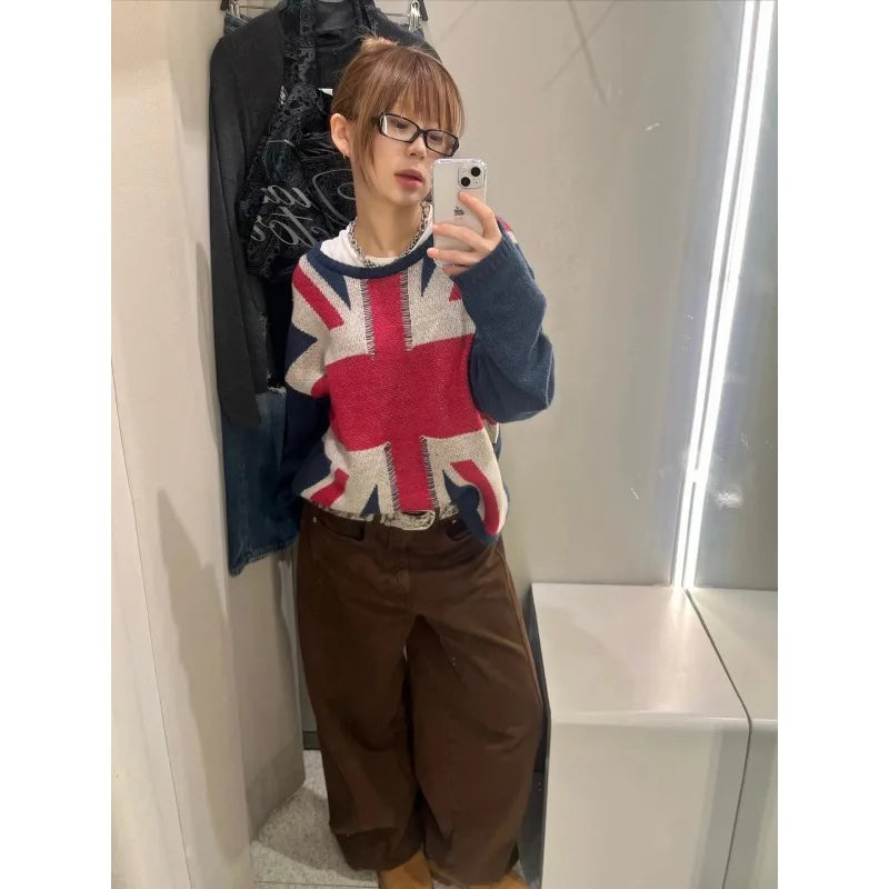 Y2K Unisex Union Jack Sweater, British Flag Graphic Long Sleeve Top, Casual Oversized Streetwear Knitted Jumper
