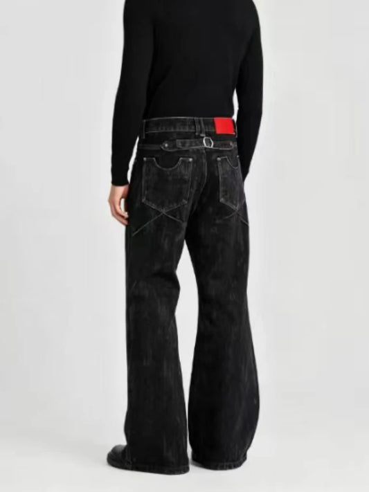 Mens Ins Style Jeans Fashion New American Vintage Flocked Flared Denim Pants Harajuku Unisex Loose Fit High Street Streetwear