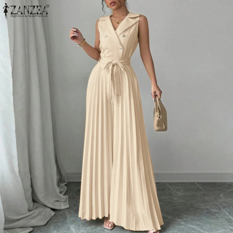 Fashion Women Jumpsuits 2026 ZANZEA Summer Rompers Elegant Wide Leg Work OL Overalls V Neck Sleeveless Pleated Playsuit Trousers