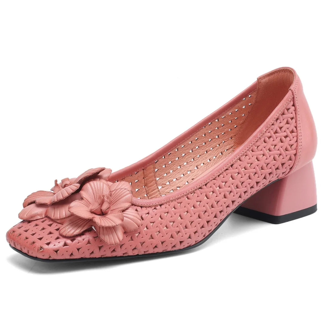Plus size 41 women's hollow-out sheepskin square toe slip-on pumps 4cm thick med heel elegant ladies flower summer heels sandals