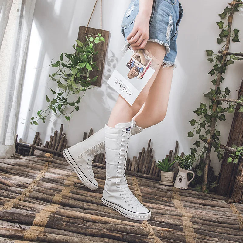 New Women's Canvas Boots Zip Shoes Comfortable Womens Shoes Flat High-top Female Sneakers Lace-up Knee-high Boots Bota Feminina