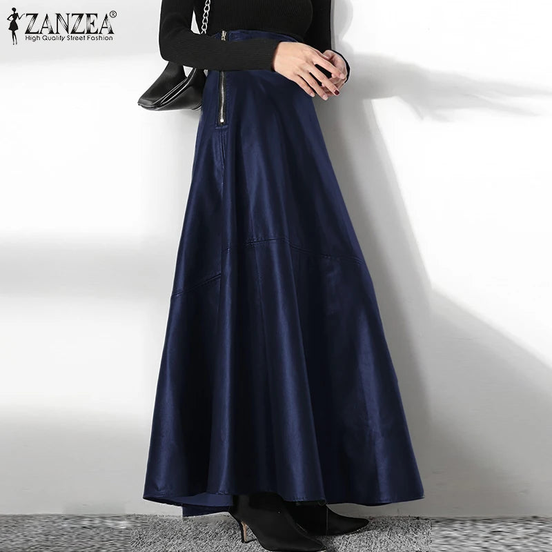 ZANZEA Women's PU Leather Maxi Skirt 2025 Autumn Elegant OL Long Saias Fashion Solid Mujer Faldas Casual High Waist Zipper Jupe