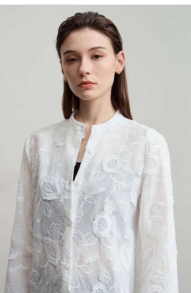 AMII 2025 Autumn New Elegant Embroidery Women's Shirt Stand Collar Wide Shoulder Office Lady Loose Blouses Women Tops 12543066