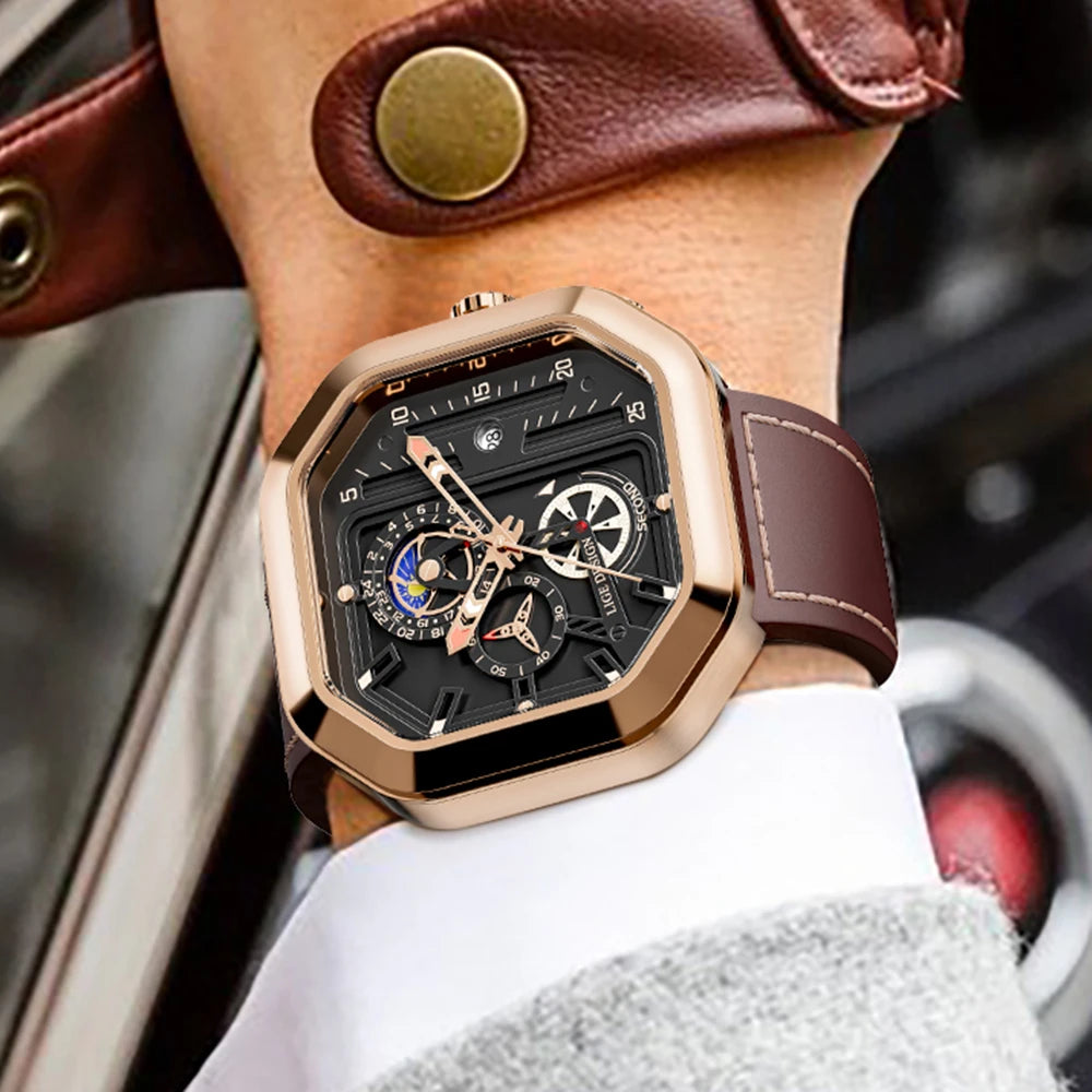 2025 LIGE Business Leather Watch For Men Top Brand Luxury Mens Watches Waterproof Quartz Wrsitwatch 24 Hours Moon Phase Clock