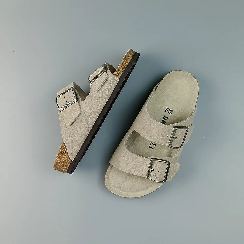 Genuine Leather Men Women Cow Suede Slippers Boy Girl Beach Slides Classic Cork Footbed Women Sandals  With Orthopedic Diabetic