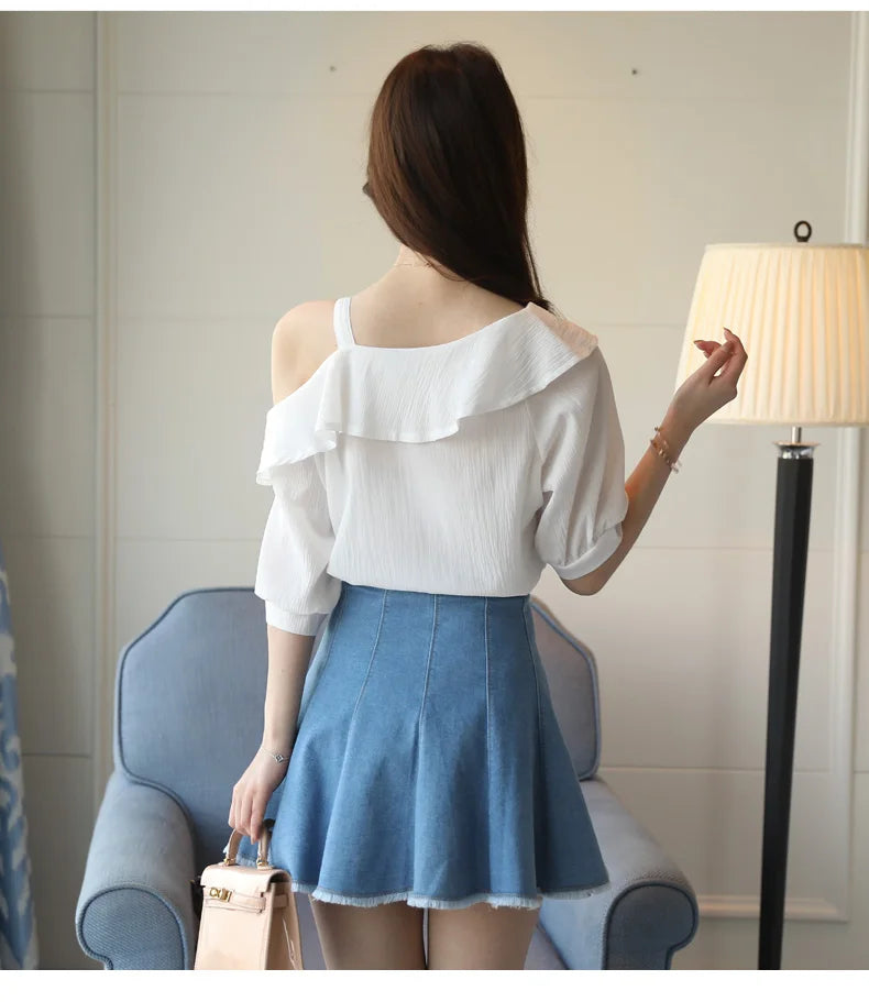 Women's One Shoulder Ruffles Chiffon Blouse Shirt Short Sleeve Pullover Acetate