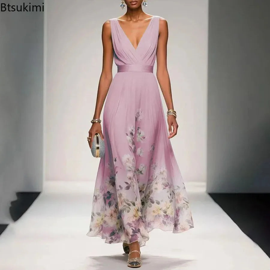 New Fashion Party Dresses Summer Women's Sexy Deep V Neck Floral Print Ruffle Sleeveless High Waist A Line Beach Dress Vestidos