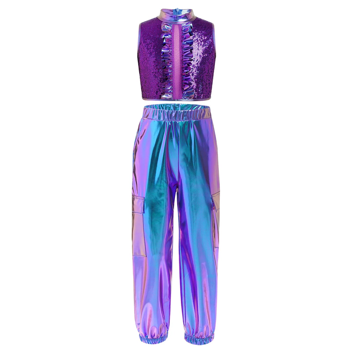 Kids Girls Disco Jazz Hip Hop Dance Outfit Sleeveless Shiny Sequin Ruffle Crop Top with Metallic Pants School Show Party Costume