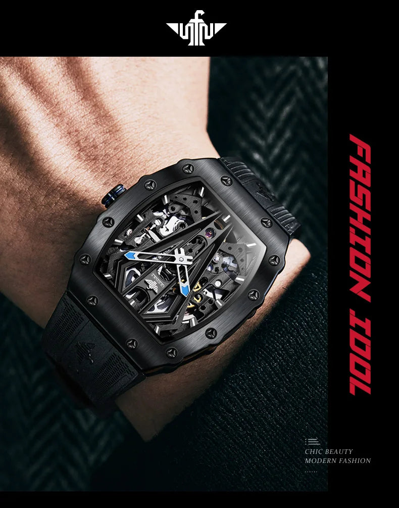 OUPINKE 3179 Automatic Watches for Man Silicone Strap Sapphire Mirror Waterproof Skeleton Tonneau Mechanical Men's Wristwatches