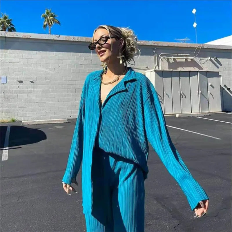 New Two Piece Set Women Outfits Pleated Women's Elegant  Drape Loose Sets Shirt High Waist Trousers Female Suit Fashion Casual