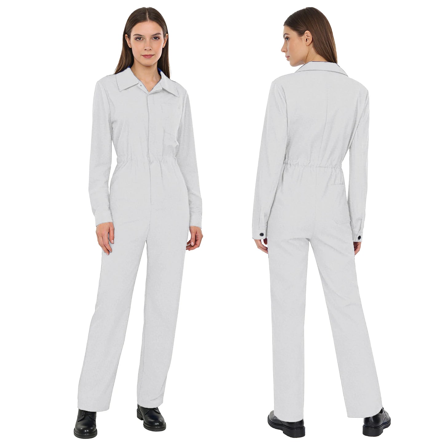 Womens Coverall Solid Color Turn-Down Collar Long Sleeve Button Jumpsuit Mechanic Work Overalls Fashion Casual Cargo Rompers