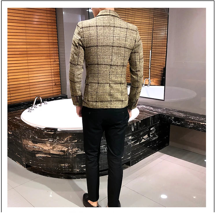 Spring and Autumn New Boutique Japanese Style Print Stand Collar Mens Casual Jacket Slim Male Coat Male Plaid Suit Jacket Blazer