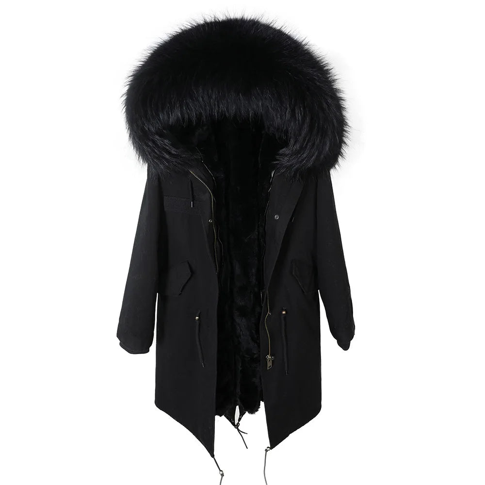 Maomaokong Winter Woman Natural Fur Overcoat Plus Size Black Parkas Raccoon Real Fur Lining Extra Larg Warm Jacket Coats Long