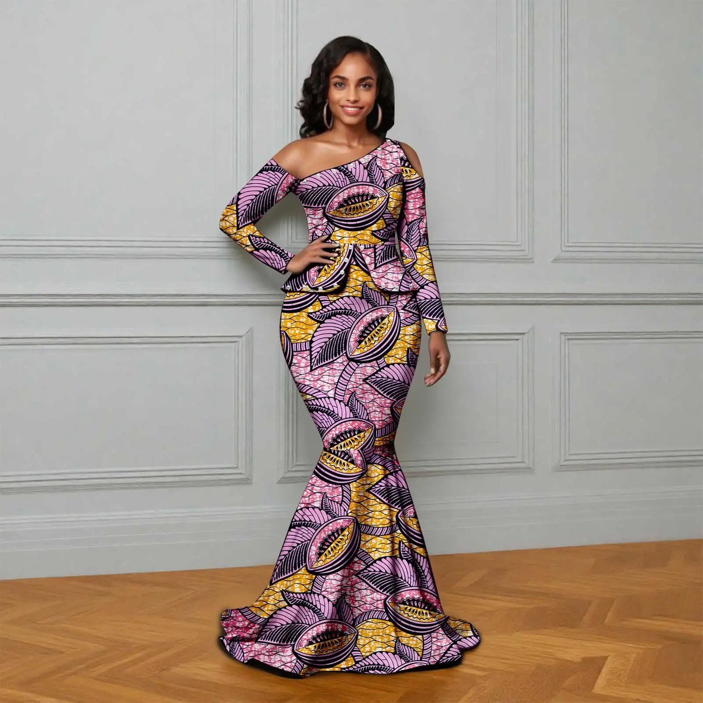 African Ankara Printed Fabric Women's Dress Skew Collar Long Sleeve Floor-Length Dress Elegant fashion 2625007