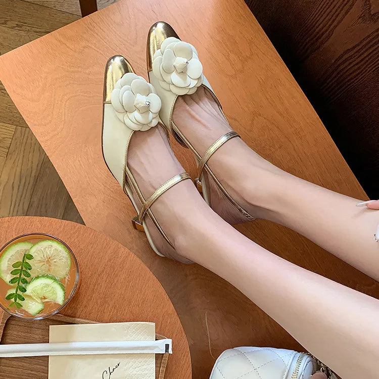 NEW Summer Women Sandals Split Leather Shoes for Women Round Toe High Heel Modern Sandals Flower Slingback Mixed Colors Shoes