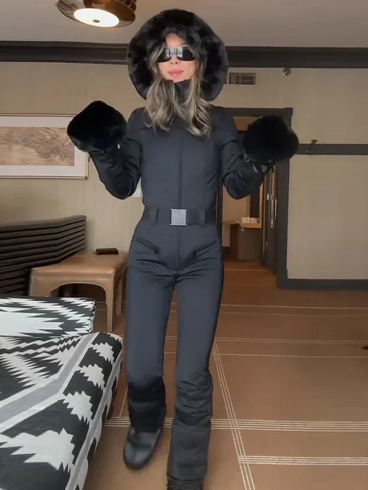 Women  Fur Collar Hooded Skiwear Fashion Solid Thicken Zipper High Waist Slim Outdoor Overalls Jumpsuit  Lady Winter Outwear