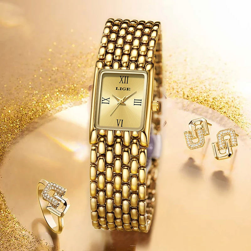 2025 LIGE New Watches Women Fashion Casual Luxury Gifts Womens Waterproof Square Dial Steel Belt Quartz Wrist Watch reloj mujer
