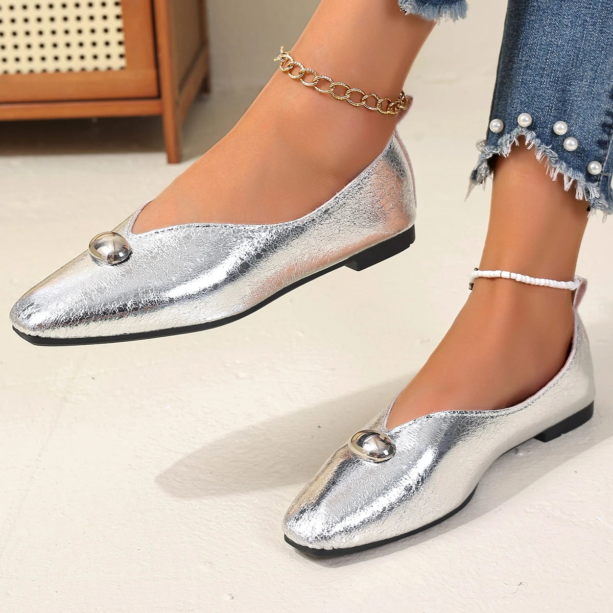 Women Flats Plus Size French Style Shoes One Step Shallow Square Toe Loafers Shoes Versatile Comfortable Summer Sneakers Women