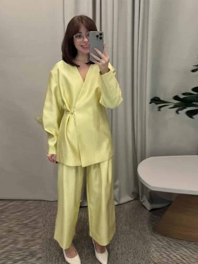 Women Elegant Solid Lace-up Blazer Set Lady Chic V-neck Full Sleeve Loose Coat Wide-leg Pants Suit 2026 Casual Commute Outfit