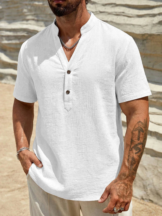 Men's casual shirt linen woven elastic small collar short sleeve soft and comfortable solid color simple suitable for outdoor sp